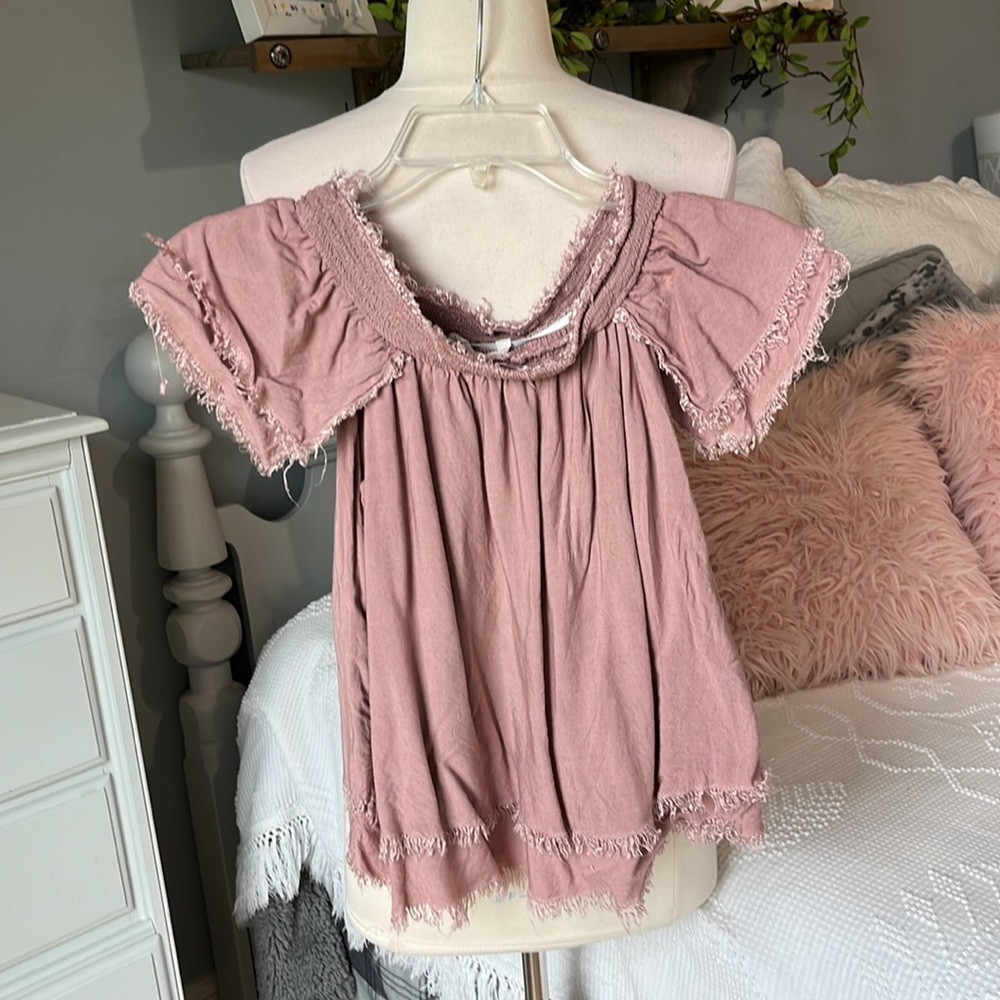 Hippie Laundry Mauve Peasant Boho Top M Women Crop Smocked Fringe Off Shouly